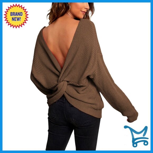 Sweaters - V Neck Criss Cross Back Sweater Batwing Sleeves Cropped Top Off Shoulder